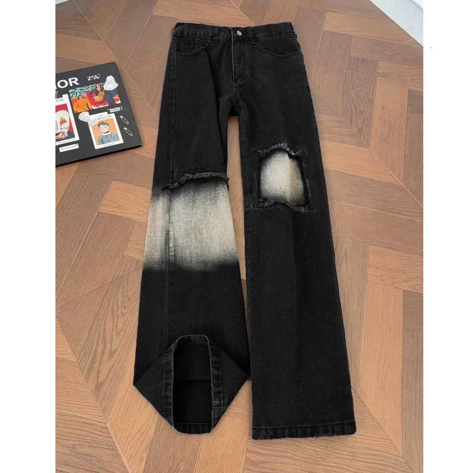 Men's Jeans New Men's Jeans Ripped Distressed Straight Wide Leg Denim Man Pants for Streetwear Y2K Baggy Style H260924