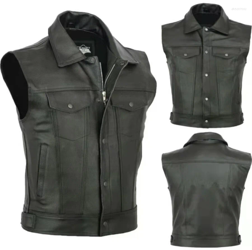 Men's PU Leather Vest Pockets Motorcycle Waistcoat Turn Down Collar Sleeveless Jacket Punk Style Casual Coats For Men