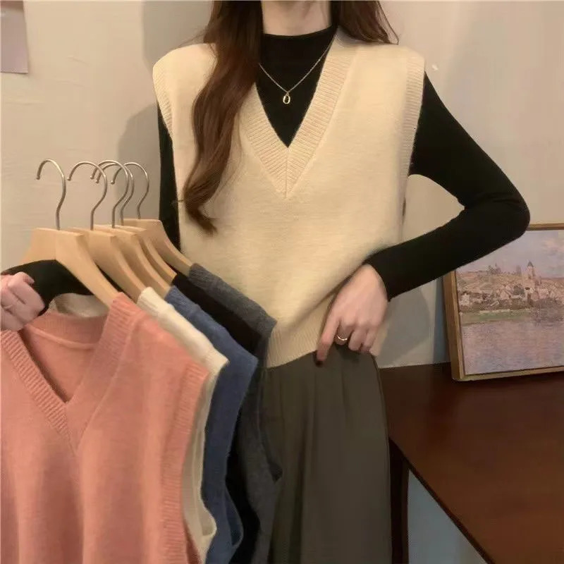 Xpqbb Spring Autumn V-neck Knitted Vest Women Vintage Sleeveless Sweater Waistcoat Female Korean Chic Cropped Knit Tops260922