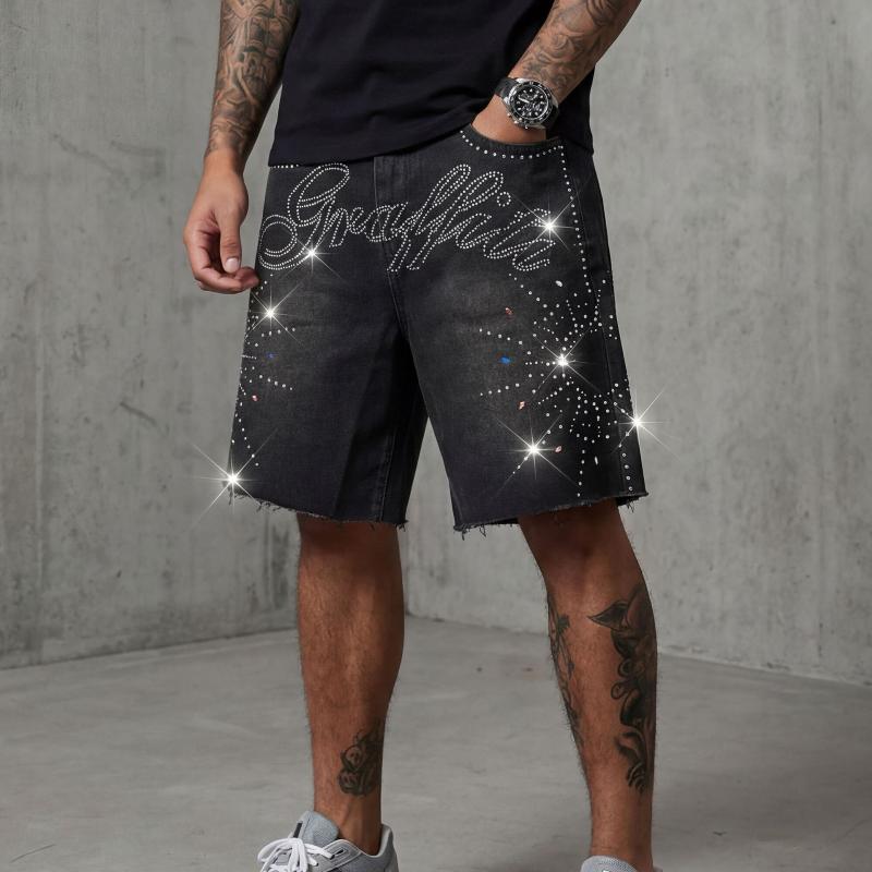 Short en Denim ample pour hommes, longueur aux genoux, noir délavé, Starburst strass graphique, ourlet effiloché brut, taille moyenne, short Hip