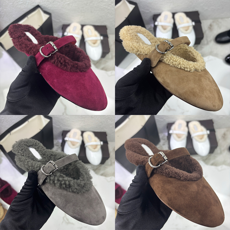 Premium Suede Mules Loafers Ballerina Flats Winter Women Solid Faux Fur Wool Mary Jane Shoes Warm Plush Buckle Round Toe 1211