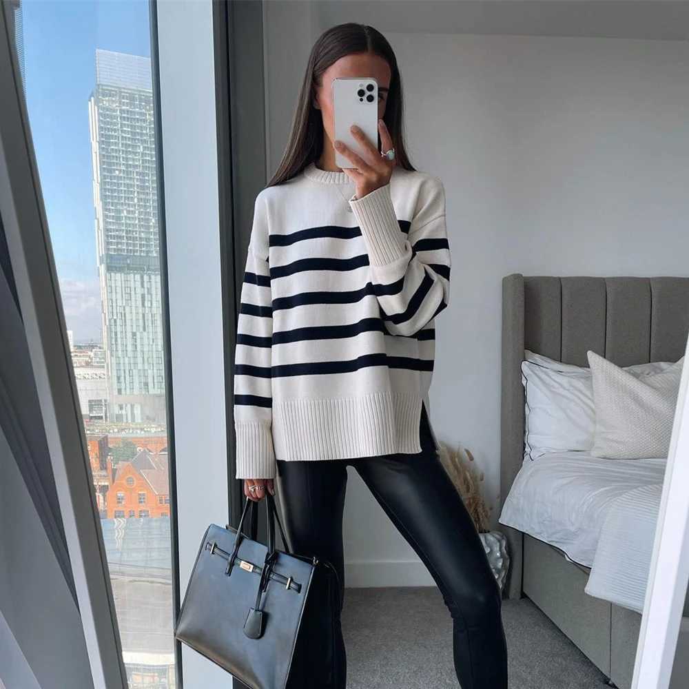 Women's Sweaters Casual Oversized Striped Pullovers Women Knitted Basic Autumn Winter Loose-Fitting Thick Jumpers Sweaters Female Clothing H260