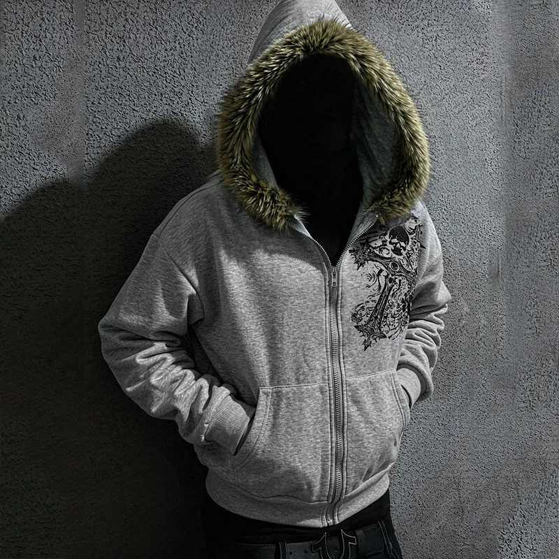 Hoodie Y2K Aesthetic Harajuku Burr Collar Hoodie Skull Pattern Hip-hop Punk Gothic Zipper 2026 New Top t othing T260923
