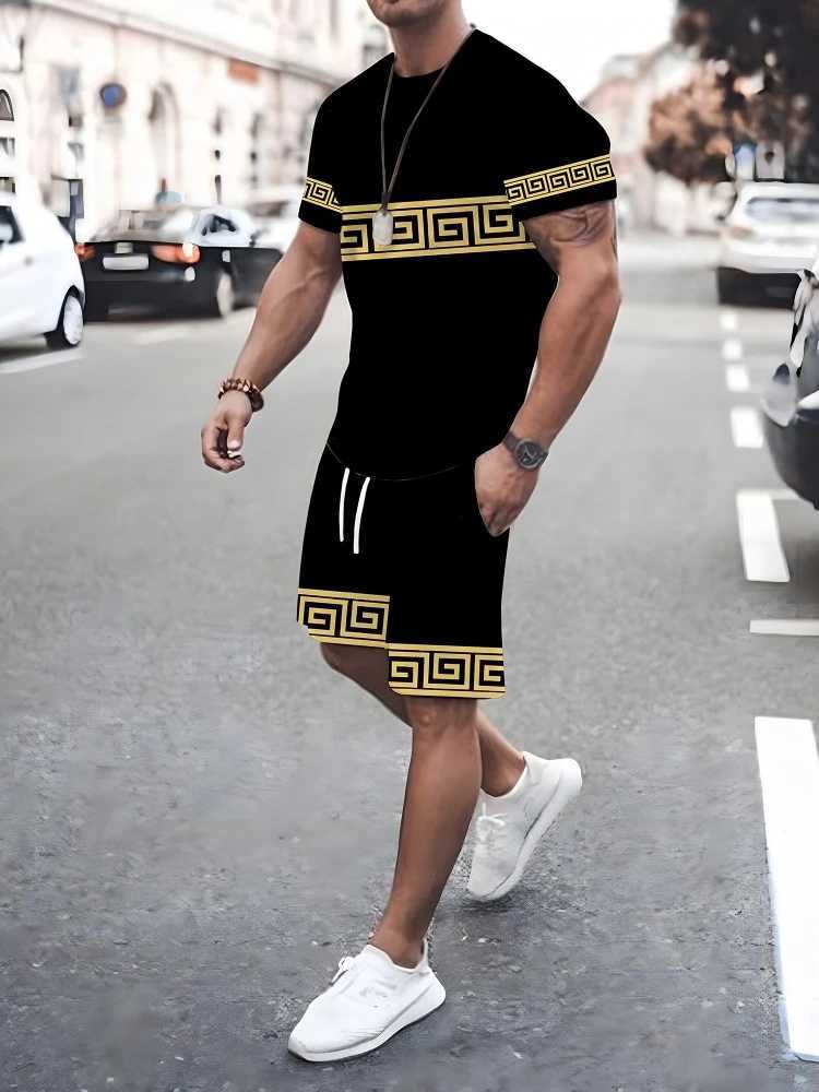 Summer Men's Stripe Print Short Sleeve Tee Elastic waist Shorts 2 Pieces Set Plus Size Loose O-Neck T-shirt Pockets Shorts Set T260924