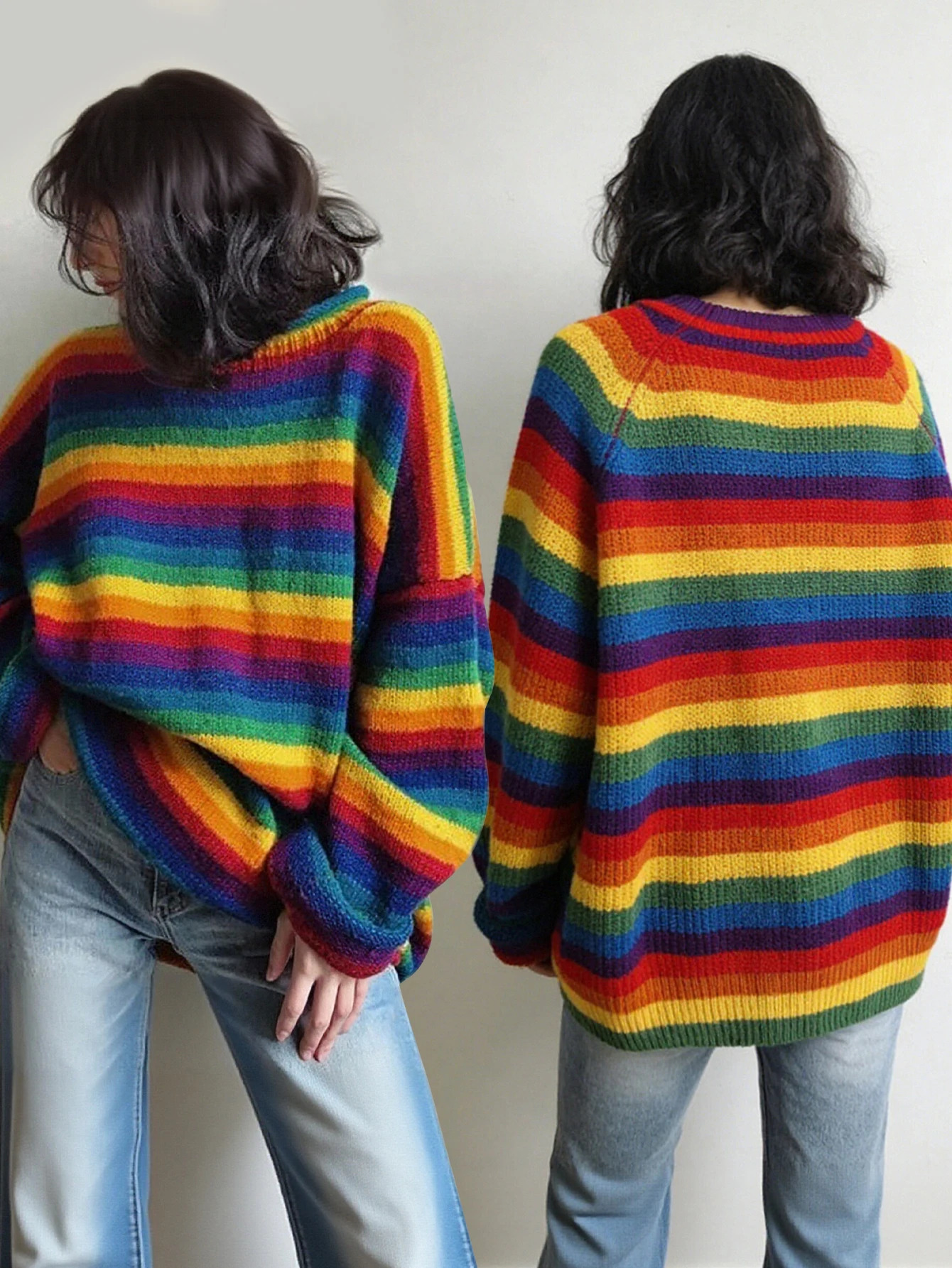 Women's Rainbow Striped Sweater Vintage Oversized Loose Knit Pullover Long Sleeve Casual Tops 260922