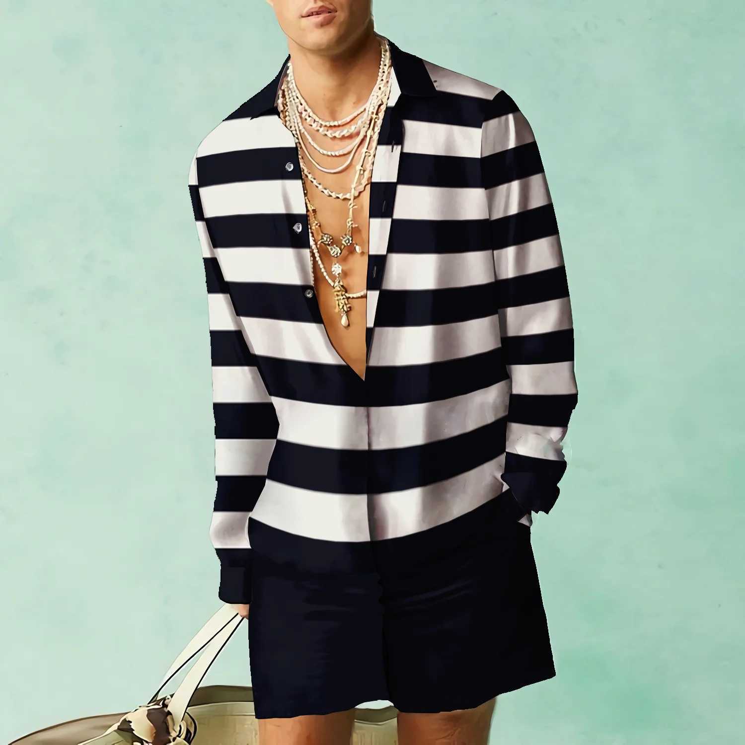 Stripe Series Shirt Sets Men's Hawaii Casual Men Fashion Shirts+Shorts 2 Piece Sets European Shirts Suits Beach Vocation Outfits T260924