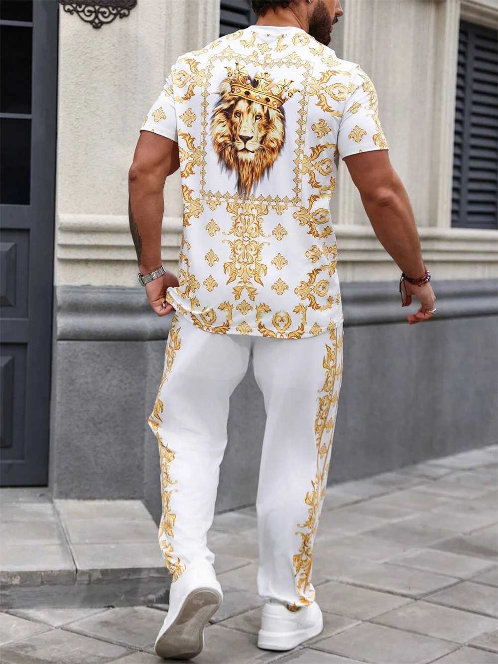 Summer Men's Short Sleeve And Trousers Lion Print Luxury Retro Casual Style Men's Suit Trend Pants And Short Sleeve 2 Piece Set T260924