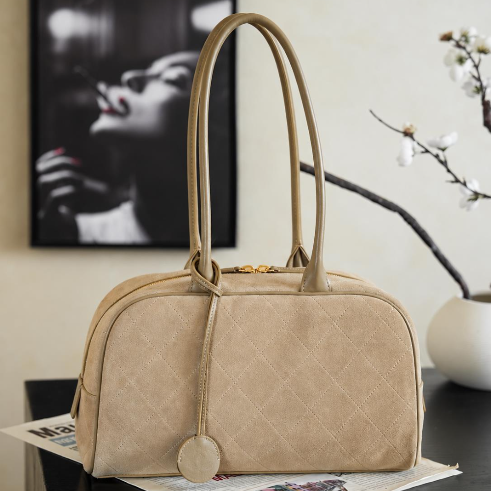 Mini Bowling Bag Calfskin Leather Double Shoulder Strap Quilted Zipper Relaxed Retro Work Shopping Handbag