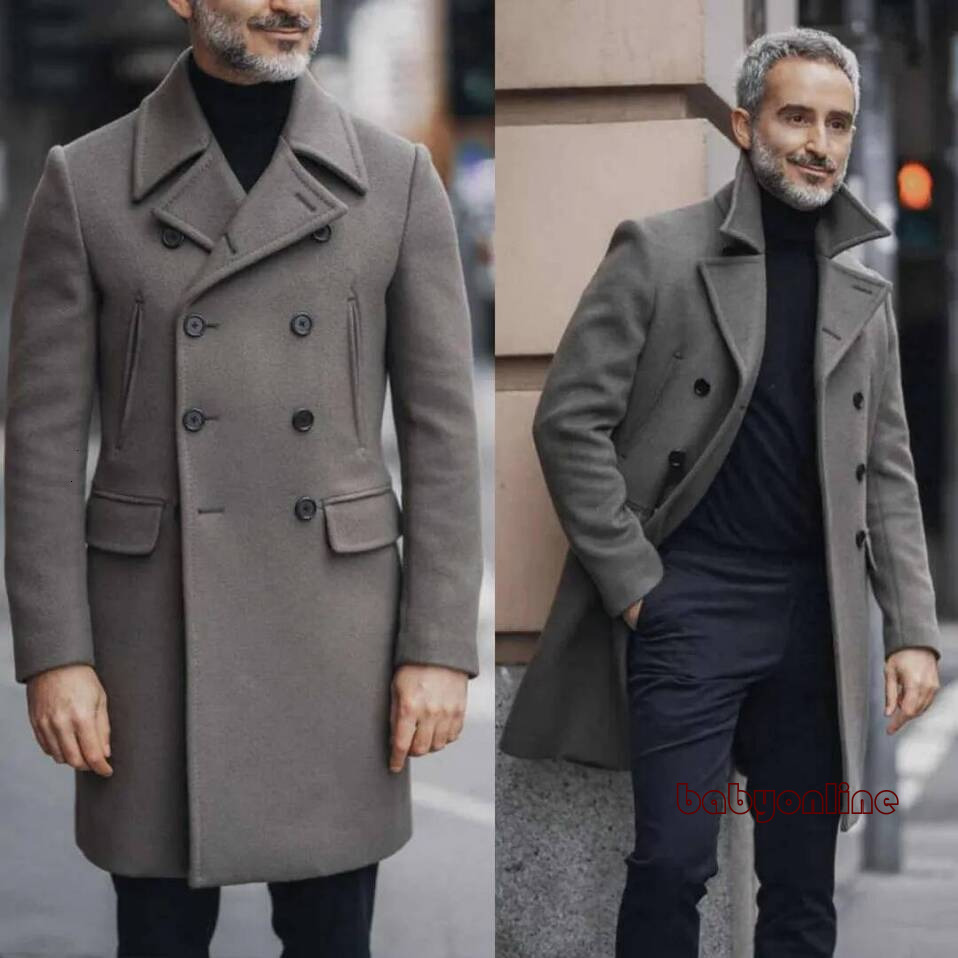 Mens Double Breasted Wool Blend Mid Length Coat Peaked Lapel Loose Fit Long Sleeve Winter Jacket Thick Warm Outerwear Suit Separates Tuxedo Style