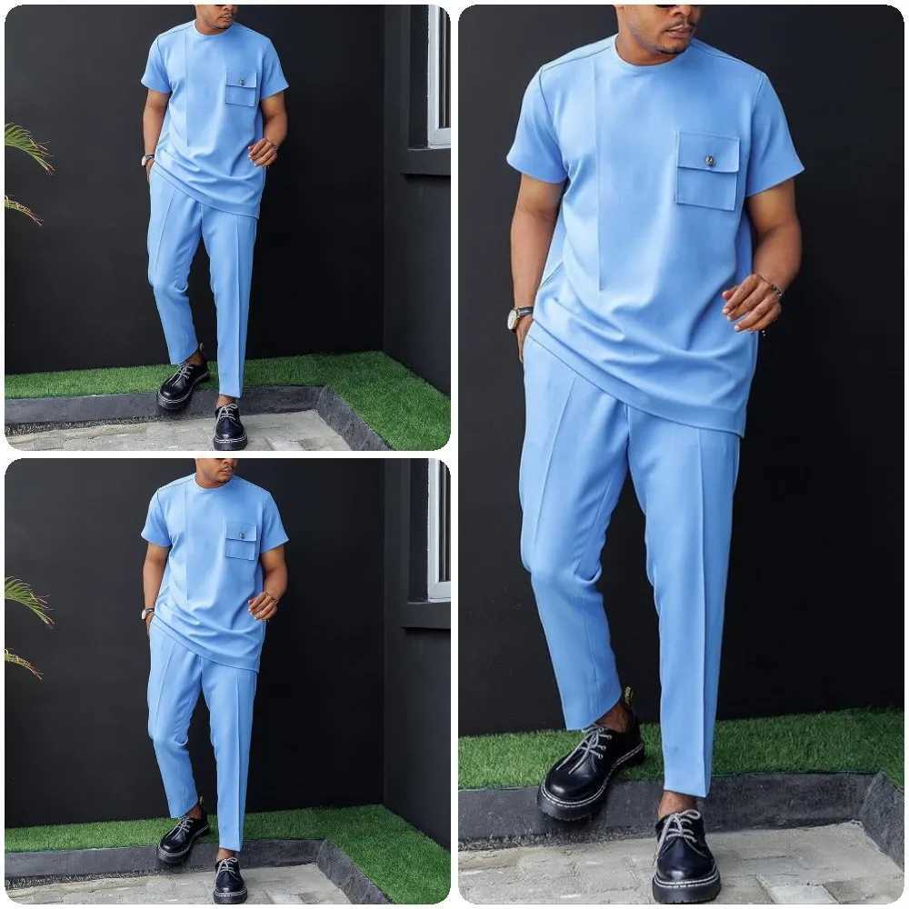 Brand New African Sets Short Sleeve Round Neck Solid Color Simple Shirt And Casual Pants Two-piece Men's Suit 2022 SummerM-4XL T260924