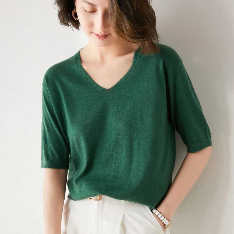 Women's Sweaters New Arrival Summer Cashmere Wool Sweater Spring Summer Women Solid Short Sleeve V-neck Pullovers Knitted Sweaters H260923