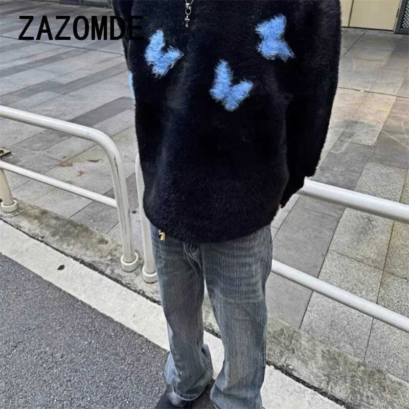 ZAZOMDE Men's Sweaters Harajuku Mohair Sweater Y2K Men Knitted Butterfly Cozy Jumper Streetwear Casual Baggy Long Sleeve Fluffy Fuzzy Pullover