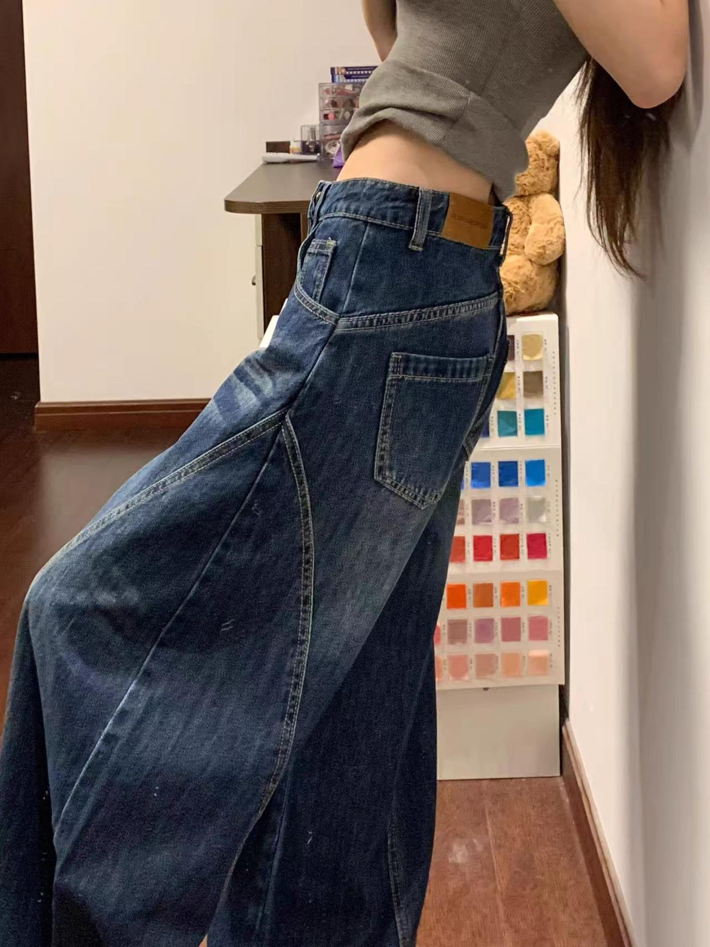 Deep Blue Wide Leg Denim Jeans Women's Early Autumn New American High Waist Loose Design Sense Floor-Length Pants