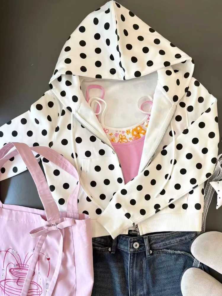 Y2k Grunge Harajuku Cropped Hoodies for Women American Aesthetic Polka Dot Pocket Printed Casual Hooded Sweatshirts T2609231PE0