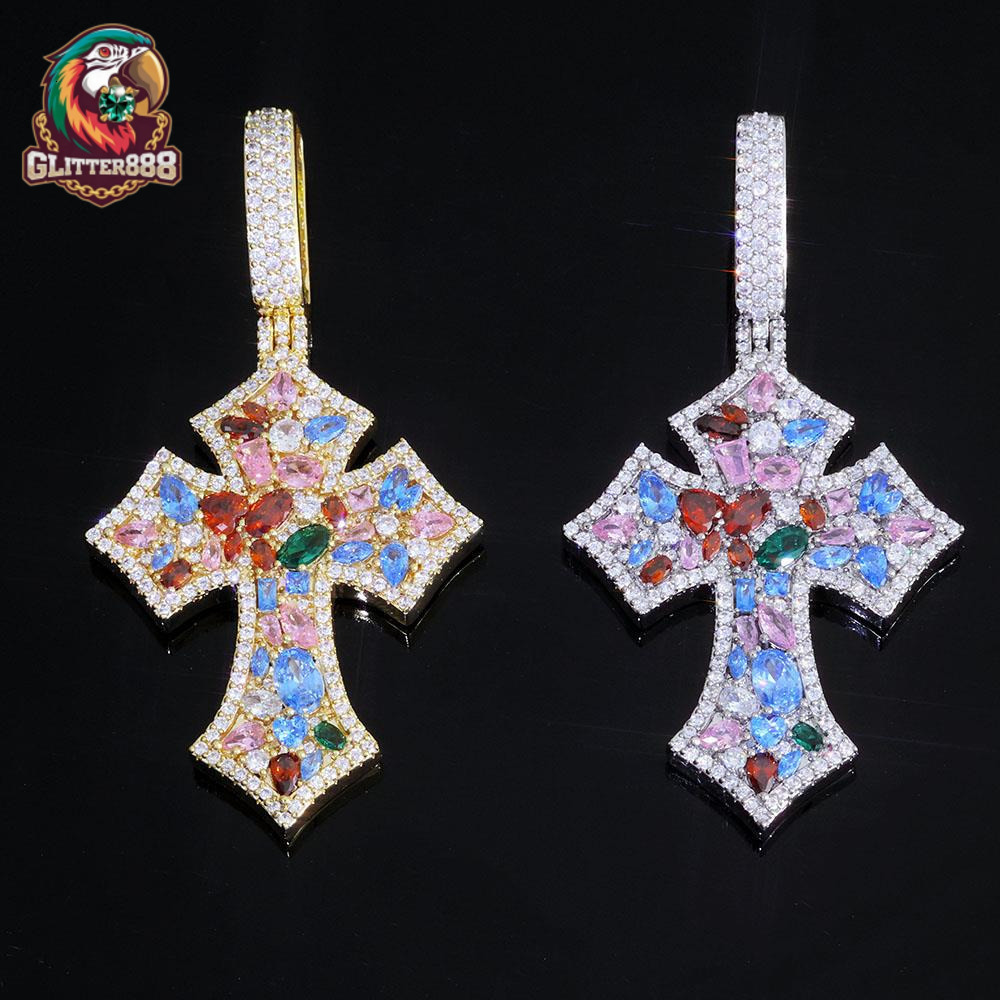 2026 new style Custom Colorful Moissanite Iced Out Cross Pendant for Women High Quality Multi Color Diamond Pendant Hip Hop Rappers Jewelry