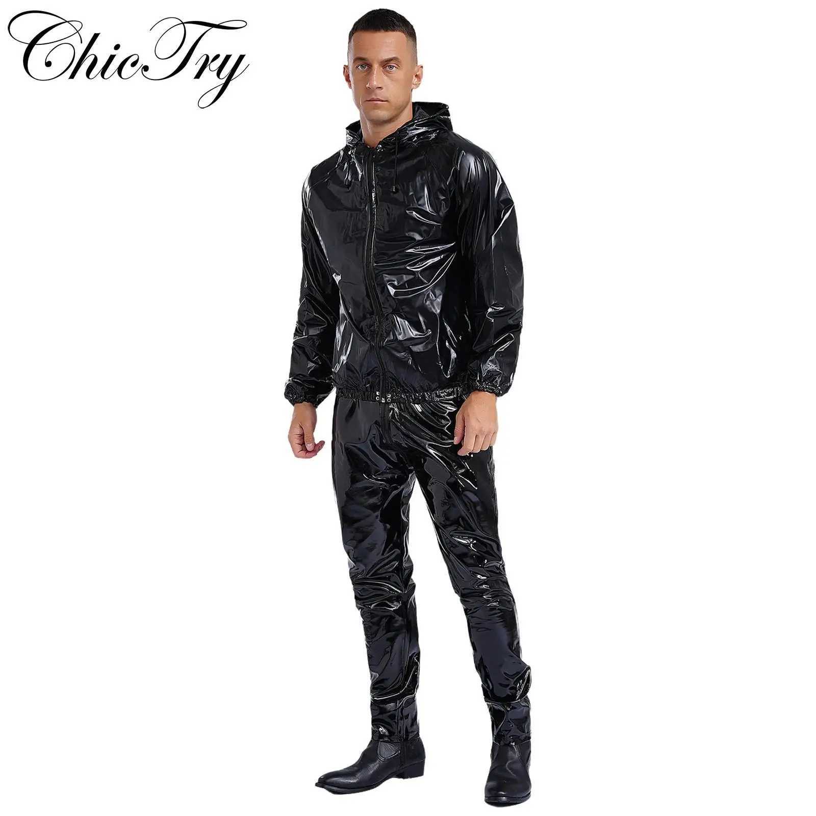 Unisex Womens Mens PVC Sauna Sweat Suit Sports Exercise Workout Fitness Outfit Zipper Drawstring Hooded Jacket Tops with Pants T260924