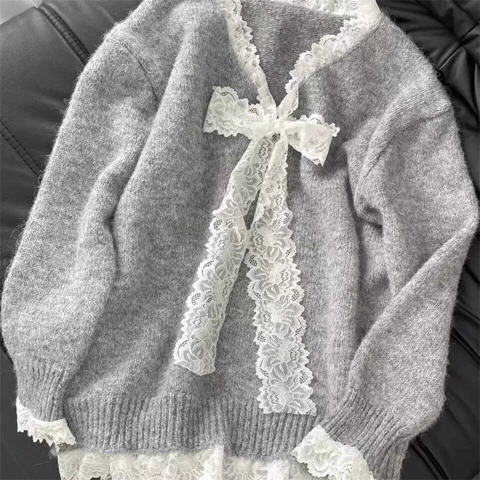 Spring Autumn Loose Elegant Sweet V-Neck Knitted Solid Korean Style Fashion Casual Lady Pullover Lace Bow Sweater Women