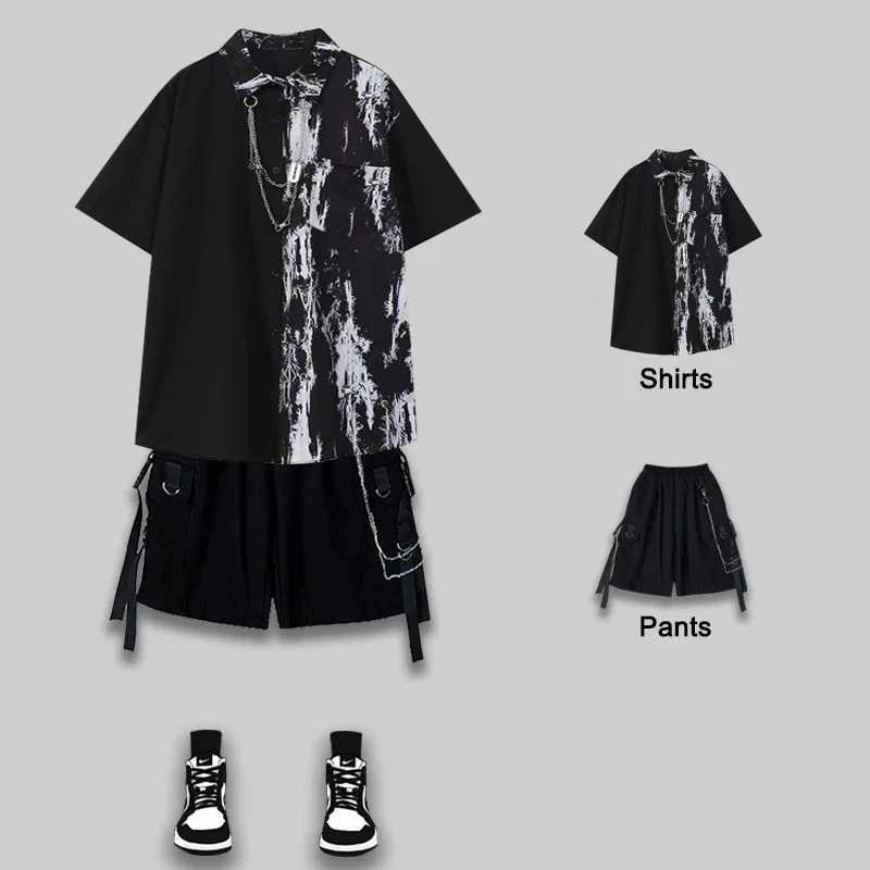 Arens Techwear Traje de verano para hombre Camisa con cadena Tie-Dye negra vintage + Pantalones cargo Blusa empalmada Chaqueta Pantalones cortos con