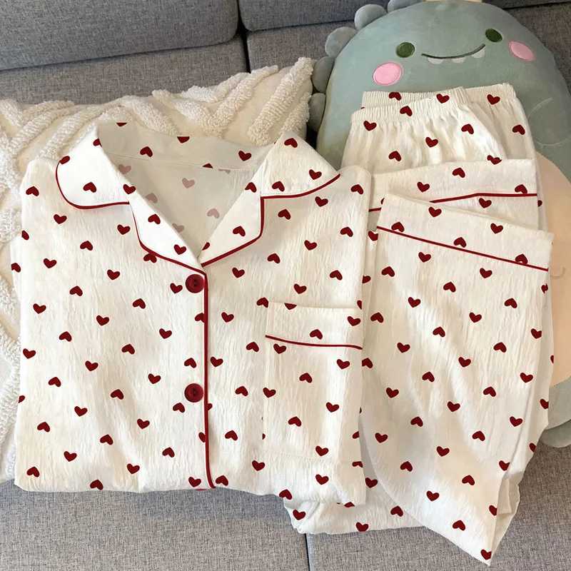Women's Sleep Lounge Spring and Autumn New Women's Pajamas Homewear Set Girls Gentle Wind Love Cardigan Pajamas Wrinkled Cloth Homewear Lo