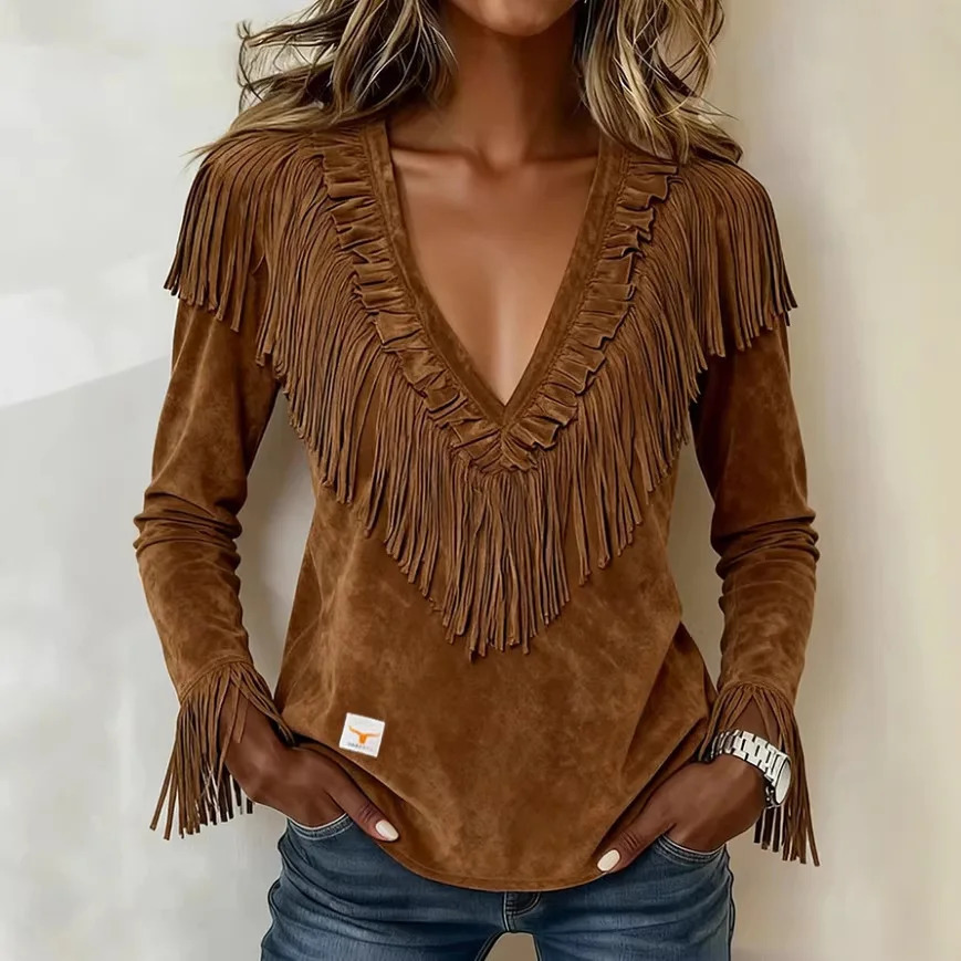 Sexy Deep V Neck Hollow Tassel Blouses Woman Casual Solid Suede Retro Tops Shirt Spring Autumn Long Sleeve Pullover Harajuku 260923