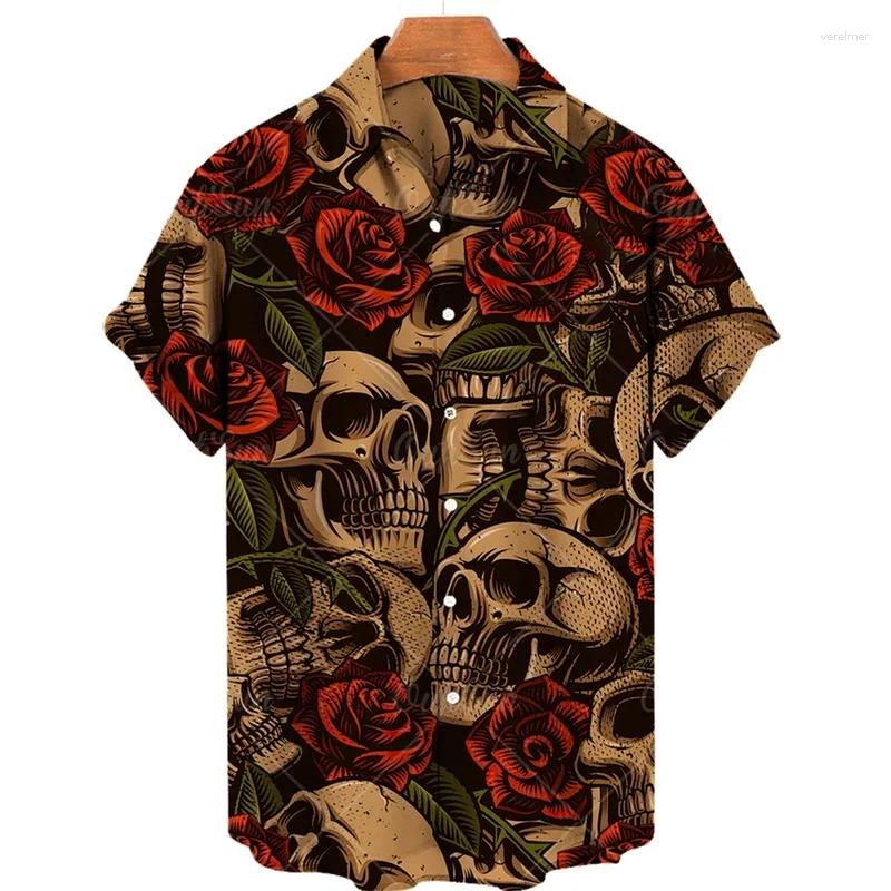 Fashion Skull Halloween Print Men's Shirt Street Trend Harajuku Lapel Top Hip Hop Punk Style Oversized Casual Short Sleeve