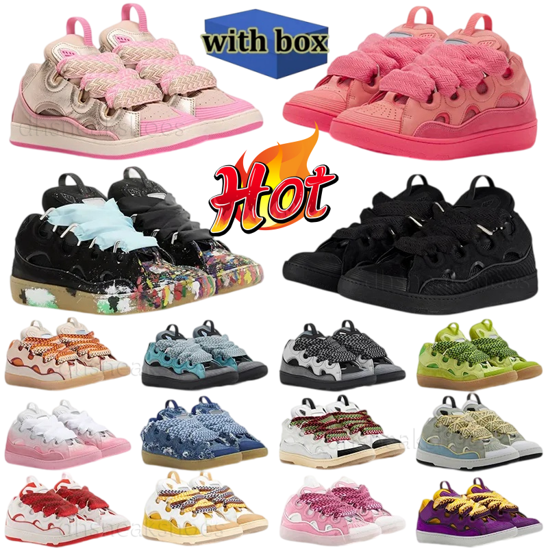 Fashion Designer Leather Curb Sneakers Casual Dress Shoes Mens Womens Denim Blue Pink White Ivory Calfskin Leopard Platform Rubber Sole Trainers
