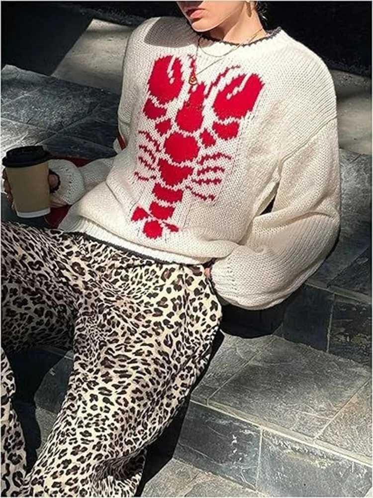 Women's Sweaters Casual Streetwear Fall Winter Knitwear Tops Women Lobster Jacquard Knit Sweater New Round Neck Long Sleeve Loose Pullover Jump