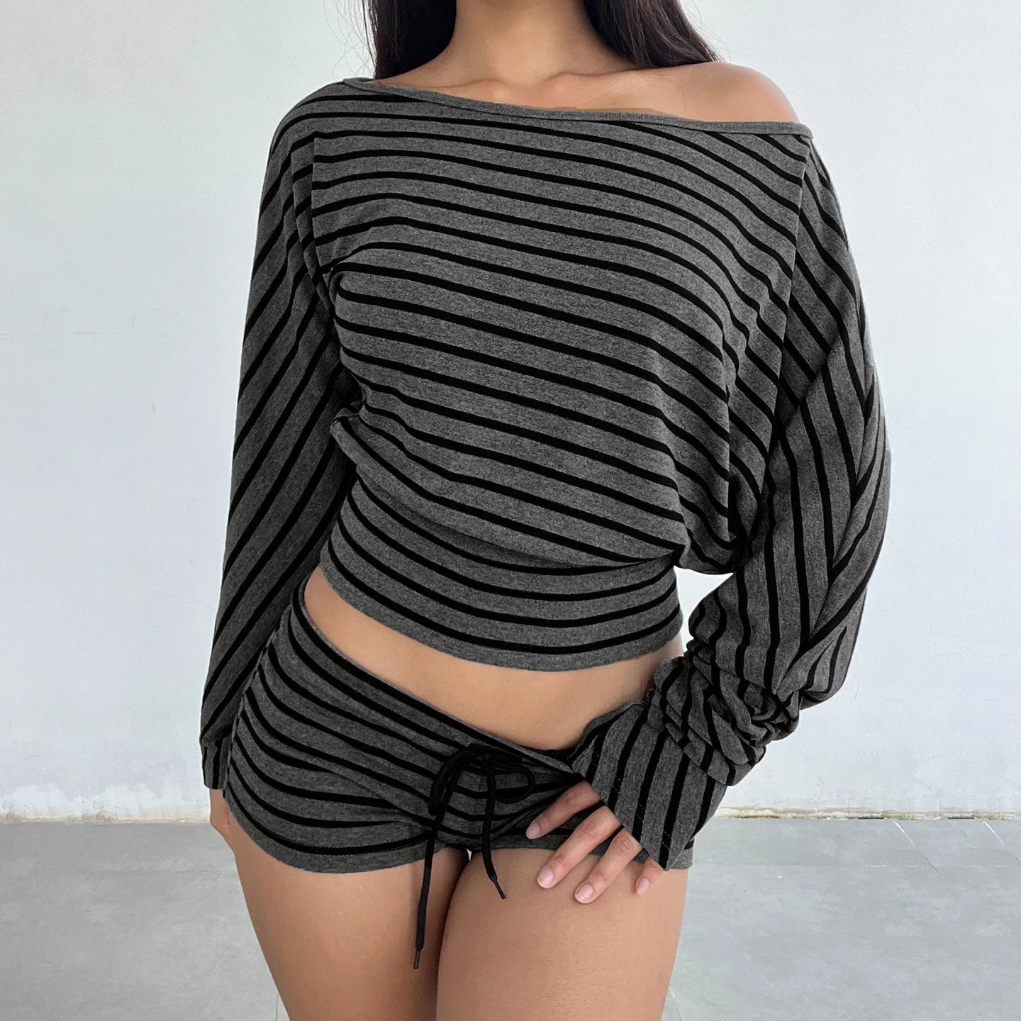 Women Summer 2 Piece Outfits Fall Stylish Long Sleeve Off Shoulder Striped Crop Tops and Elastic Waist Shorts Set Y2k Clothes 260922