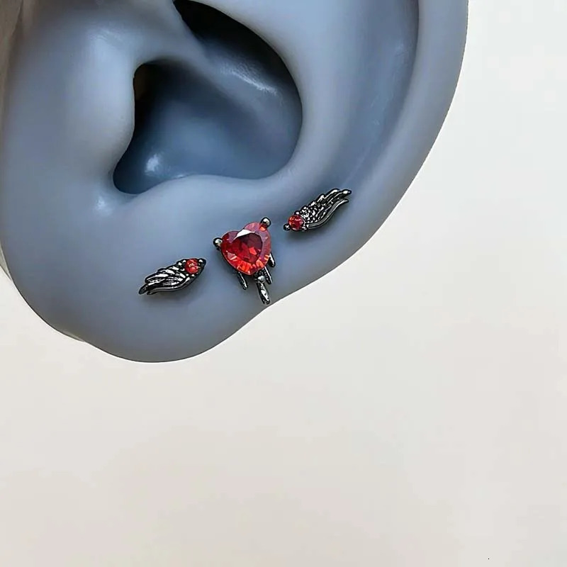 Stainless Steel Red Zircon Heart Wing Stud Earrings for Women Men Punk Metal Star Temperament Ear Bone Nail Earrings Y2K Jewelry 260924