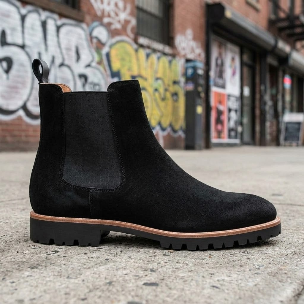 Luxury Men Chelsea Boots Suede Leather Ankle Boots Contrast Patchwork Leather Toe Cap Slip On Winter Booties British Style Formal Dress Shoes Casual