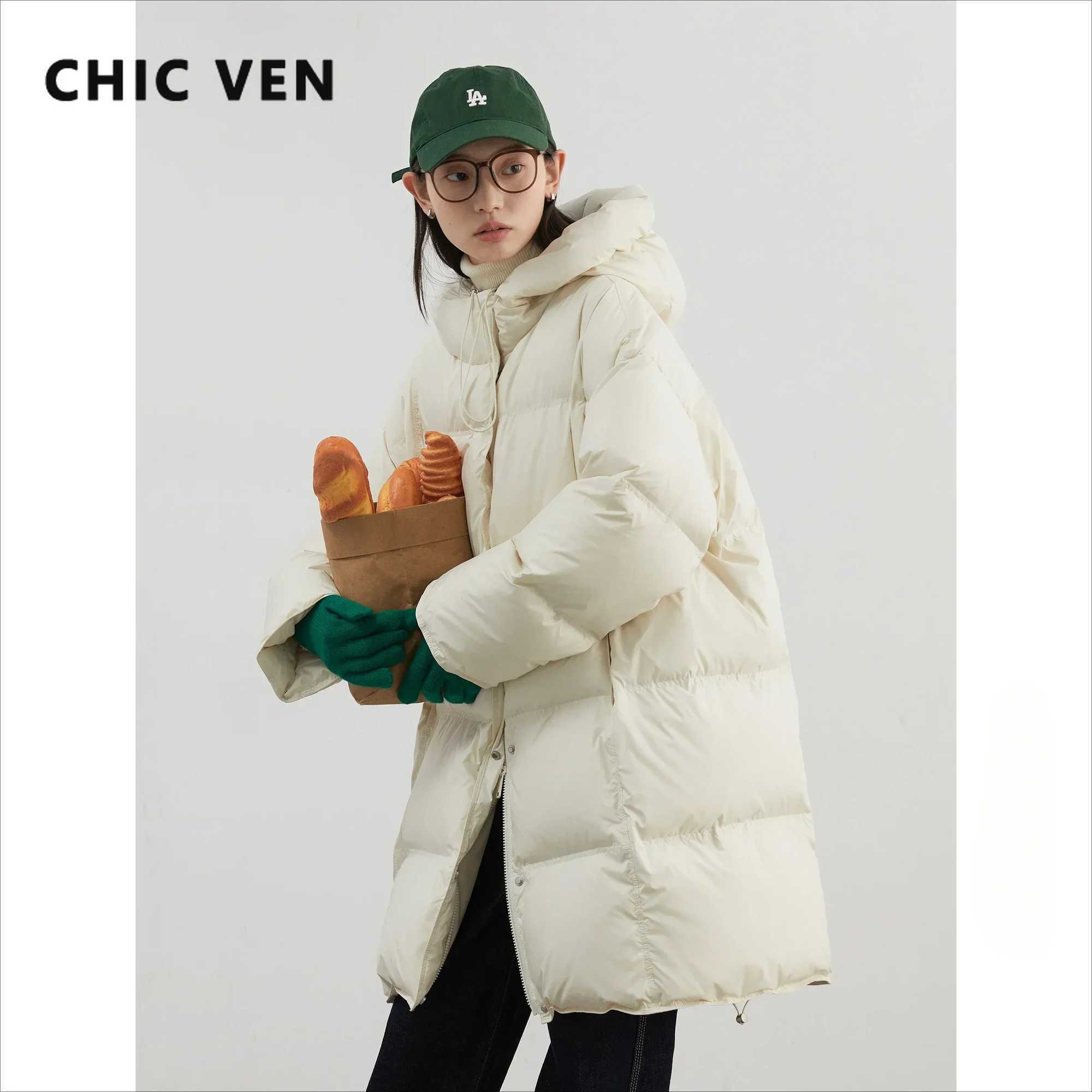 CHIC VEN Women Down Coats Loose New 90 White Duck Down Jacket Medium Long Hooded Female Down Jacket Autumn Winter 2024 Z260924