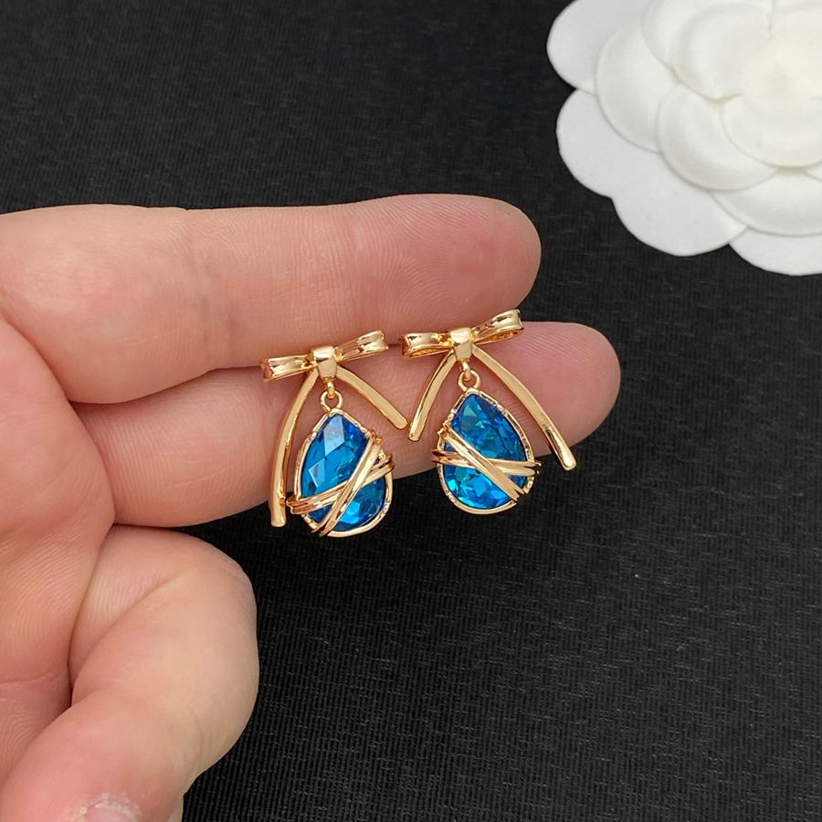 New Style Brand Gold Color Bow Decor Teardrop Blue Crystal Dangle Earrings Water Drop Gem Drop Earrings Fashion Jewelry For Women Daily Party Evenin