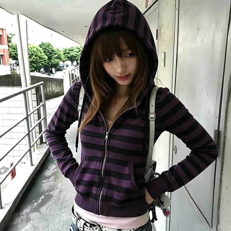 Women Y2K Gothic Striped Zip Up Hoodie Skull Print Long Sleeve Slim Harajuku Punk Streetwear Casual Aesthetic Sweatshirt T260923
