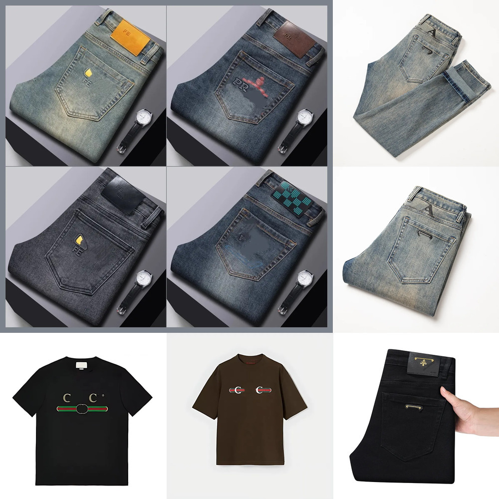 Designer men's slim straight jeans with letter embroidery print business classic casual high street style cotton casual jeans