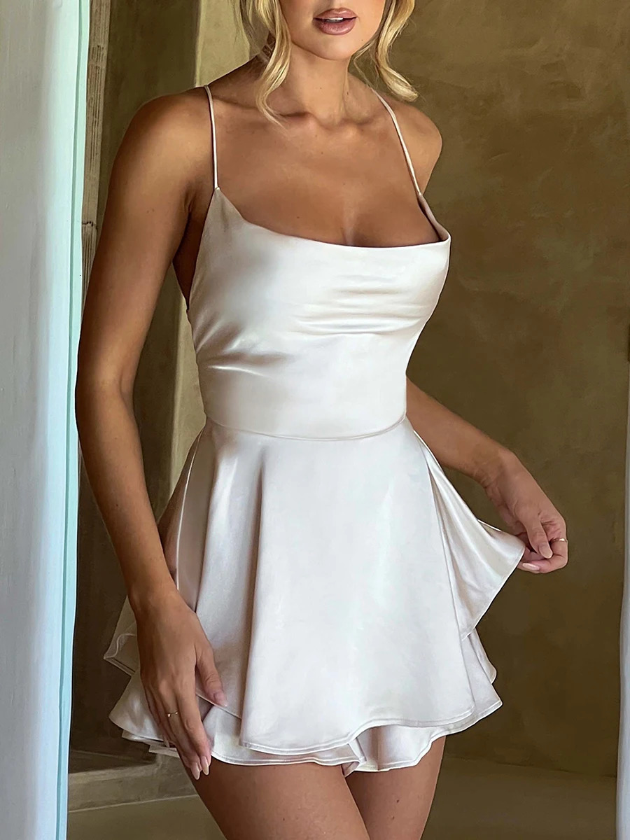 Satin Silk Women Sexy Cami Playsuits Dress Solid Cowl Neck Sleeveless Short Jumpsuits Summer Cross Tie-Up Backless Romper 260923