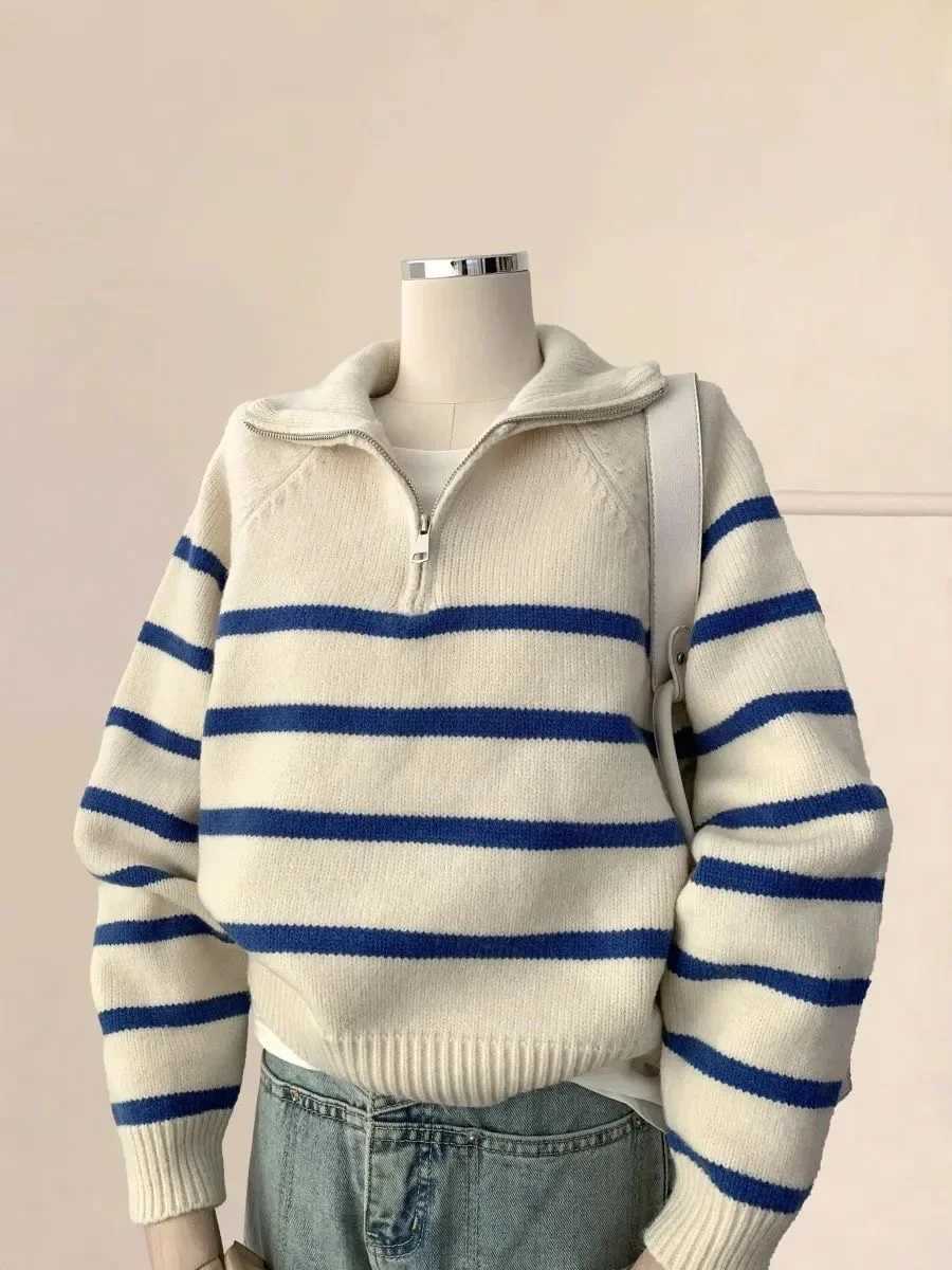 Women's Sweaters Half Zip Lapel Sweater Women Leisure Loose Long Sleeves Knitted Sweaters 2026 Autumn New Fashion Versatile Blue Stripes Pullov