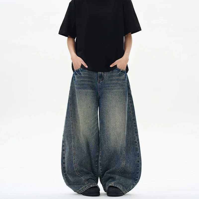 Spring New Men's Jeans Oversized Wide Leg Pants Loose Vintage Patchwork Lightning Cracked Denim Trousers Streetwear Male S2609241WMY