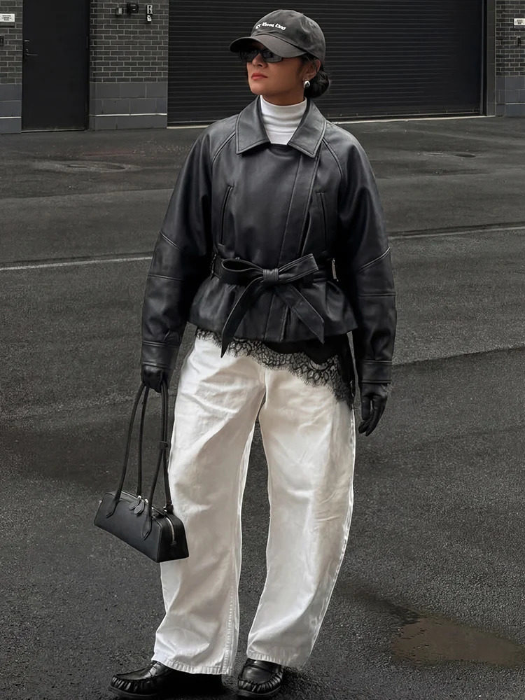 HH Vintage Women Black Faux PU Leather Belted Jackets Spring Autumn Female Long Sleeve Lapel Zipper Lace Up High Street Coats 260923