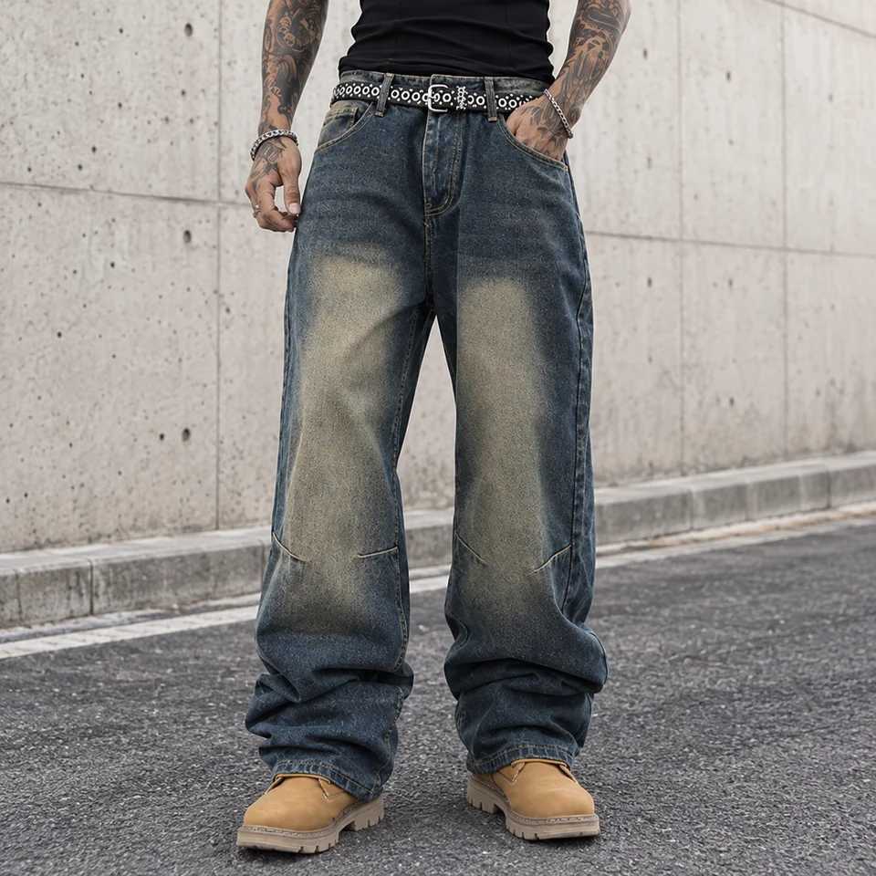 Vintage Men's Washed Denim Baggy Jeans Y2K Distressed Streetwear Loose Wide Leg Denim Pants Hip Hop Casual Trousers For Men S260924KX5X