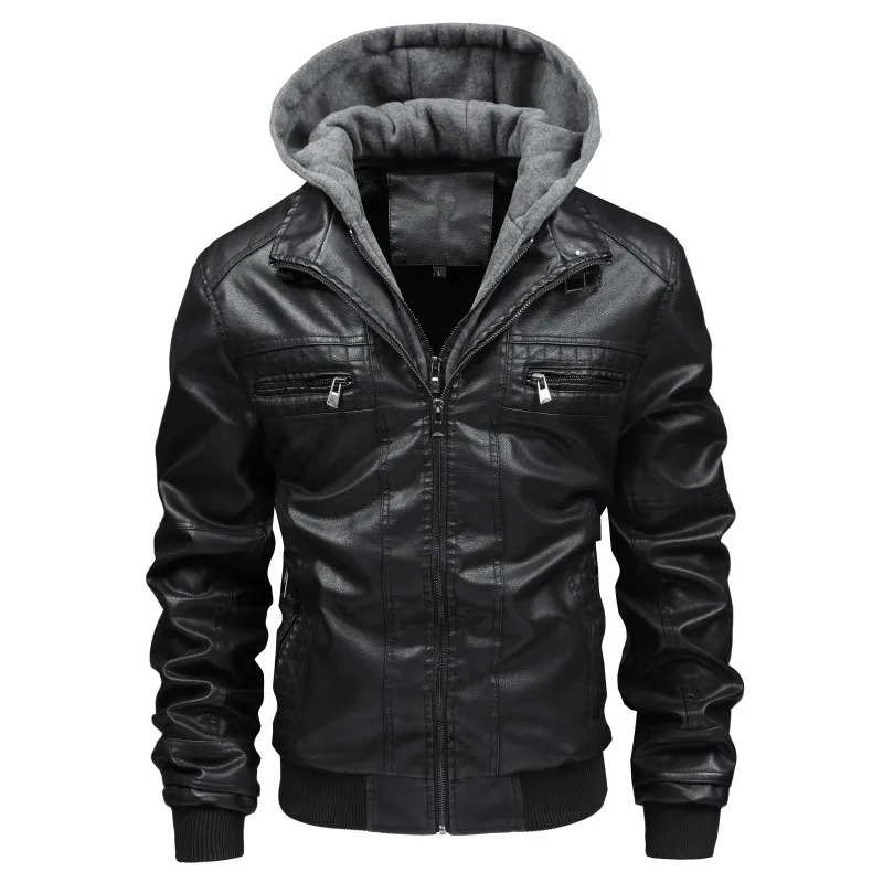 Men Autumn Winter Fleece Lined Two Piece Hooded Leather Jacket Brown Washed Motorcycle Coat Plus Size Jackets 260910