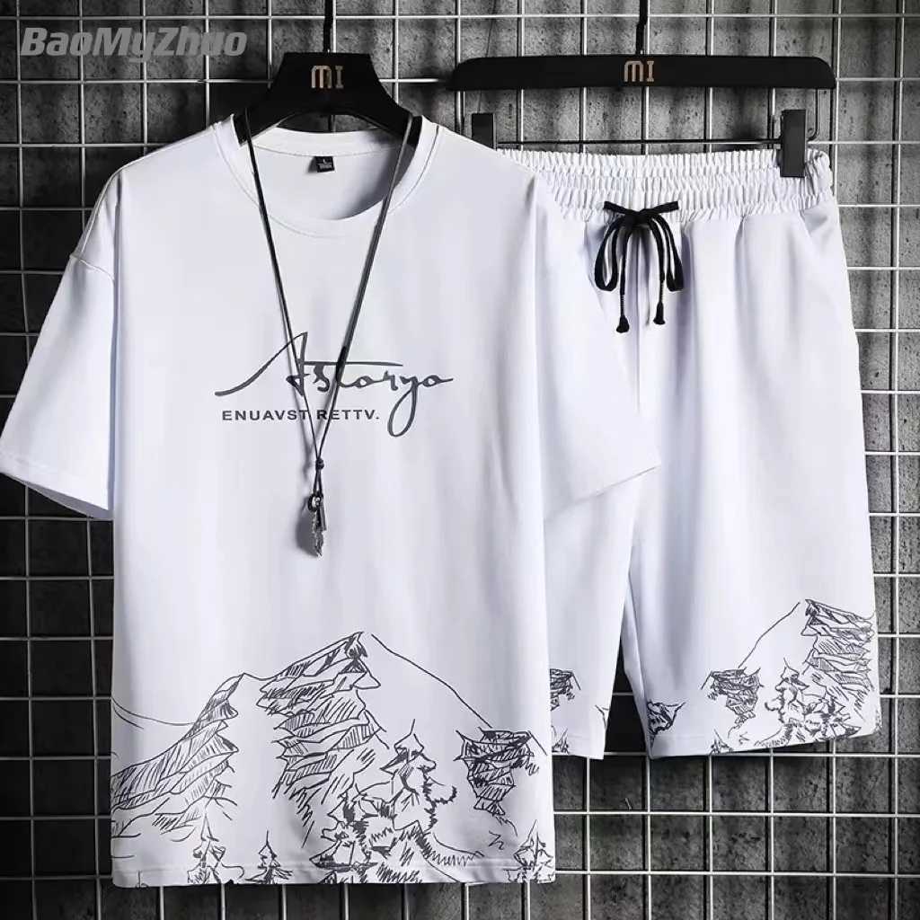 2023 Summer Men's Tracksuit 2 Piece Set Fashion Casual Solid Short-Sleeved T-Shirt and Shorts Sport Suit Breathable Man Clothing T260924