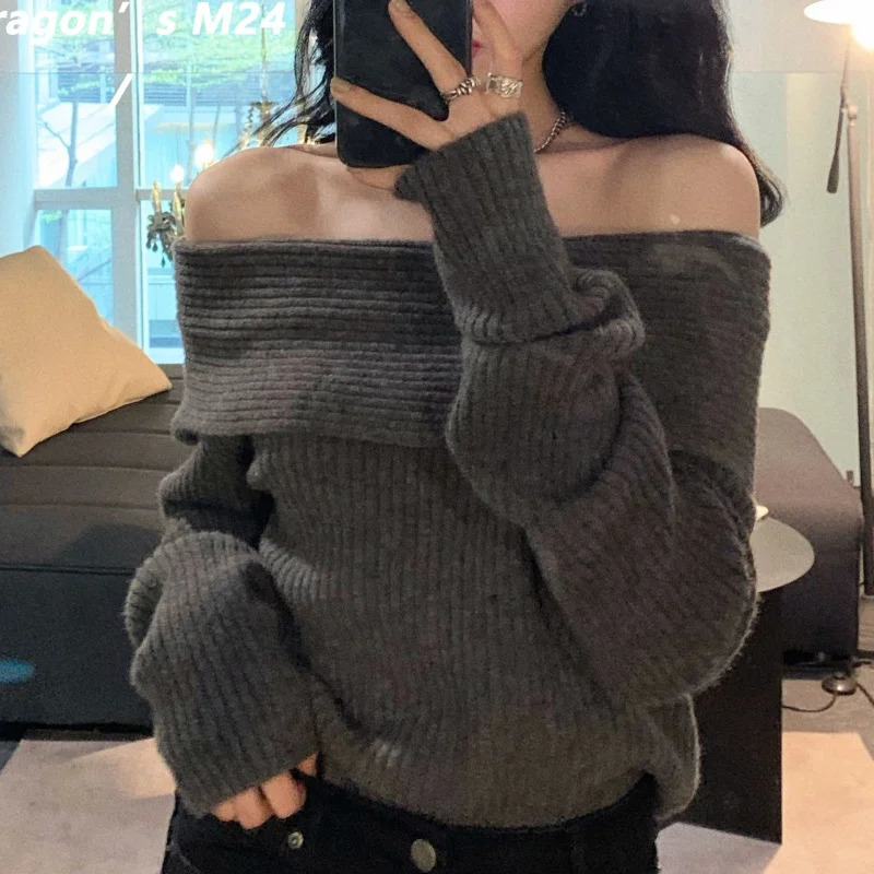 Fashion Autumn Women Off Shoulder Sweater Long Sleeve Elegant Casual Solid Knitted Tops Sexy Pullover Clothing Spring Knitwear 260924