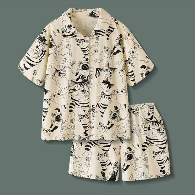 Hawaiian Shirt Summer Men's And Women's Pajamas Casual Short Sleeve Shorts Cat Retro Cartoon Style New Baggy Plus Size Suit T260924