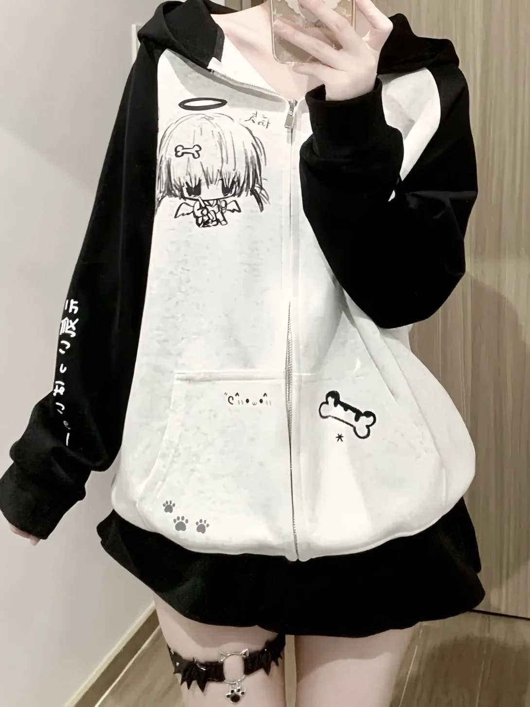 Japanese Contrast Color Hooded Tops Women Y2k Aesthetic Cartoon Print Grunge Hoodie Casual Zip Up Sweatshirt Harajuku Streetwear T260923J5C9