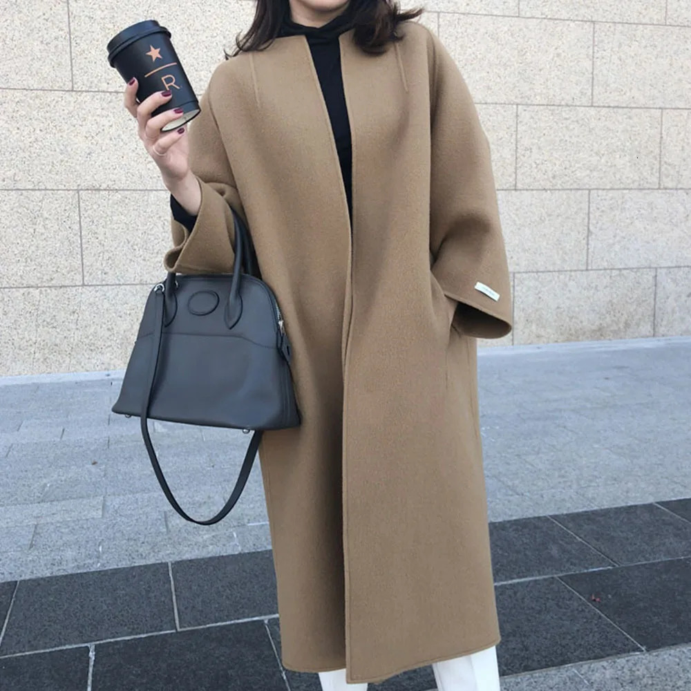Women Cardigan Blends Round Neck Long Coats Casual Straight Wool Coat Loose Fit Full Sleeve Solid Splice Outwear Regular 260924