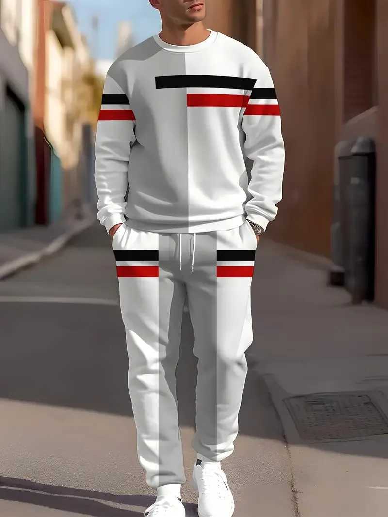 The new men's round-neck sweatshirt set for Spring and Autumn 2025 features a casual and comfortable 3D striped pattern print T260924
