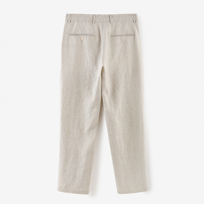 Men Linen Casual Trousers, Drawstring Waist Button Front Loose Straight Pants, Breathable Lightweight Cropped Pants for Summer Daily Wear