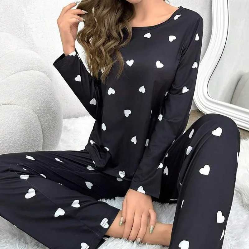 Women's Sleep Lounge Women's Pajamas Casual Love Print Round NeCK Long Sleeve Long Pants Fall and Winter Comfortable Set Sleepwear Homewea