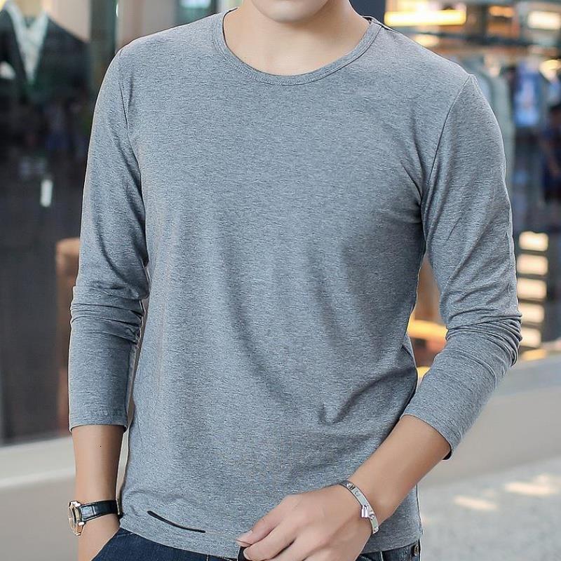Men's long-sleeved T-shirt, round neck, thin, suitable for layering, clothing, solid white, slim fit, trendy autumn top