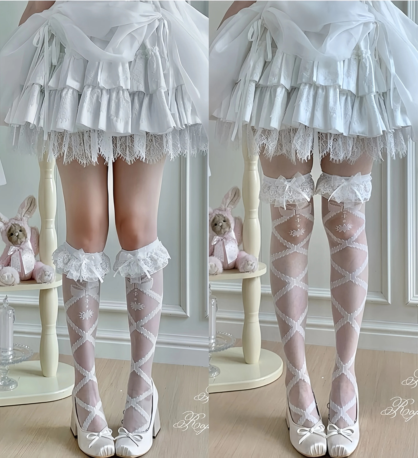 Women's Harajuku Angel Devil Heart Japanese Lolita Lace Socks Summer Mid-Calf Glass Silk Over-the-Knee KC Gothic Socks 260923